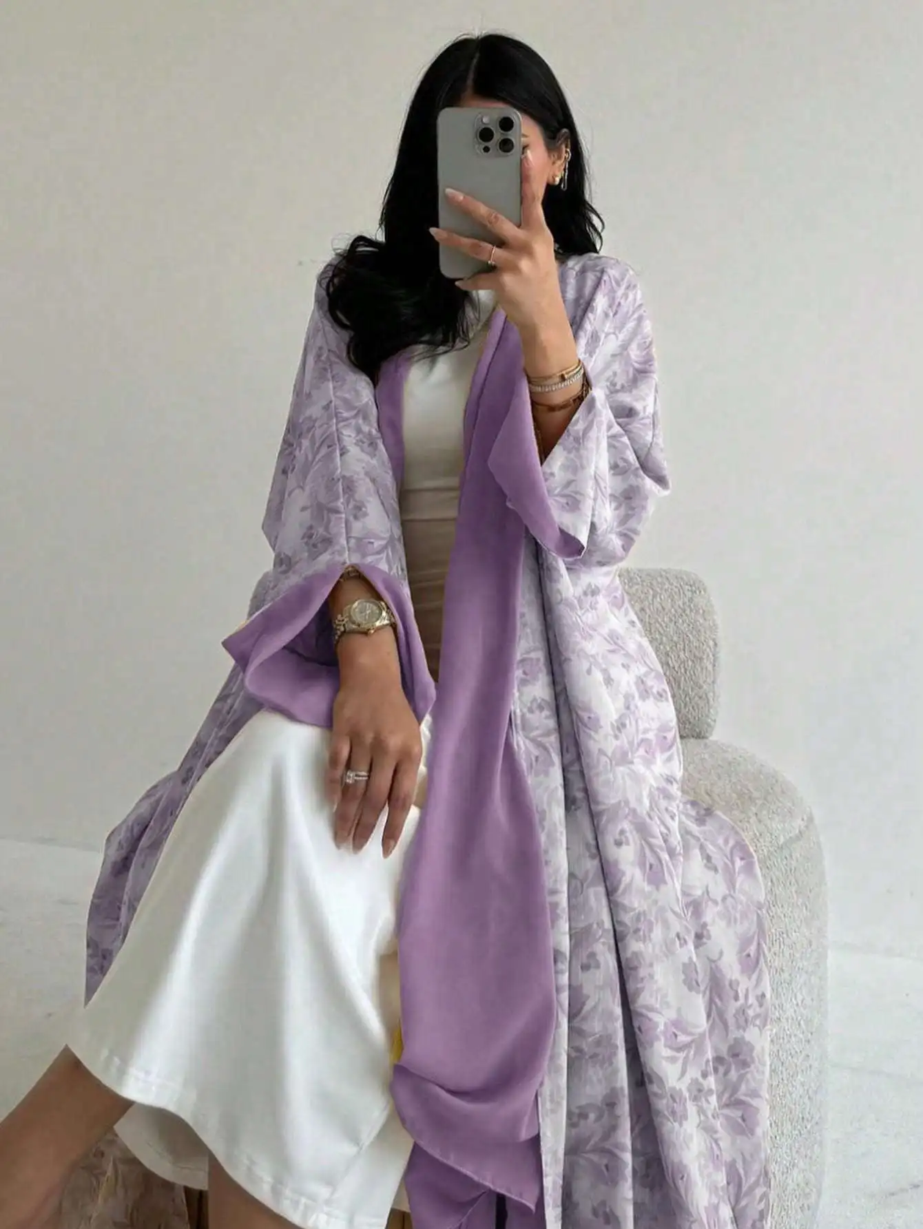 Loose Floral Printed Abaya Long Sleeve Traditional Middle Eastern Dress for Women Elegant Open Front Robe Without Scarf - Image 3
