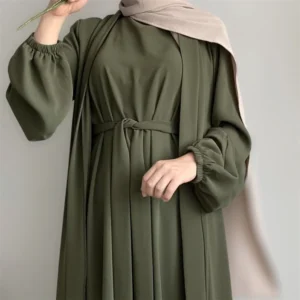 New Abaya Set Crinkle Fabric Open Abaya+Inner Long Dress Islamic Clothing Muslim Women Dresses Set Turkish Kaftan Ramadan Eid