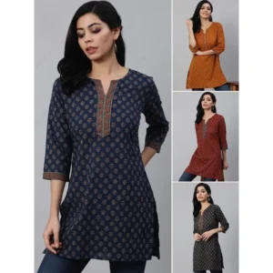Indian Ethnic Women's Printed Kurta Top Lightweight Flannel Cotton with Three-Quarter Sleeves 4 Color Options India Dress