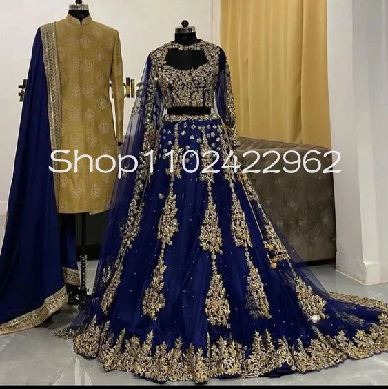 Royal Blue Two Pieces Indian Prom Dresses Luxury Gillter Applique Lehenga Choli Sarees Evening Gown with Veil customsized
