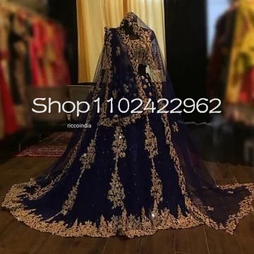 Royal Blue Two Pieces Indian Prom Dresses Luxury Gillter Applique Lehenga Choli Sarees Evening Gown with Veil customsized - Image 2
