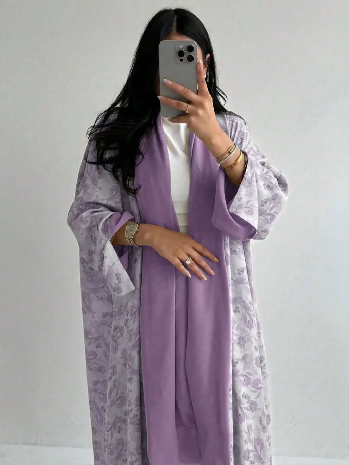 Loose Floral Printed Abaya Long Sleeve Traditional Middle Eastern Dress for Women Elegant Open Front Robe Without Scarf - Image 2