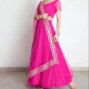 India Women's Saree Embroidery Georgette Rhinestones Dance Stage Lehenga Suit Rose Red