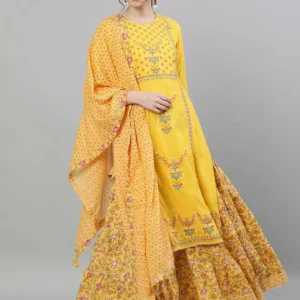 Indian Saree New Style Women's Indian Sari Suit Cotton Silk Round Neck Long Print Daily Casual Yellow Suit